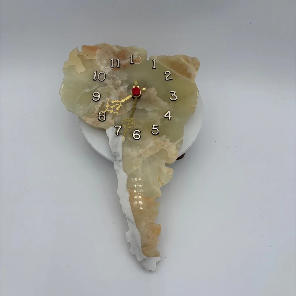 Natural Onyx Stone South America Wall Clock Gold‎ Hands Red Accents